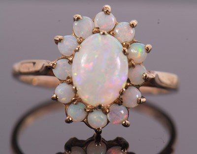 Lot 9 - A 9ct opal cluster ring, with central oval...