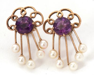 Lot 123 - A pair of amethyst and culutred pearl earrings,...