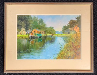 Lot 153 - John Haskins (b.1938), View over a Canal, oil...