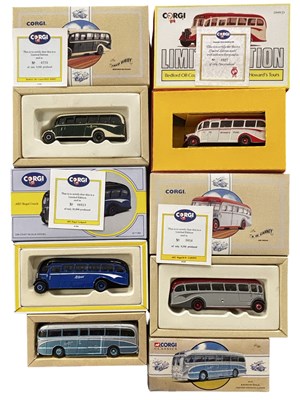 Lot 129 - Five boxed limited edition Corgi buses, with...