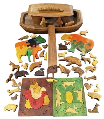 Lot 210 - A 1980s carved wooden Noah's Ark playset with...