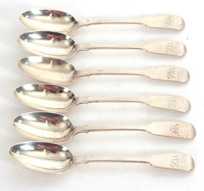 Lot 69 - A group of six silver fiddle pattern teaspoons,...