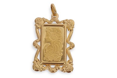 Lot 351 - A Suisse 5g Lady Fortuna gold ingot pendant,...