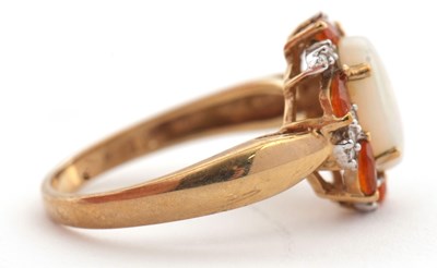 Lot 23 - A 9ct opal, fire opal and diamond ring, the...
