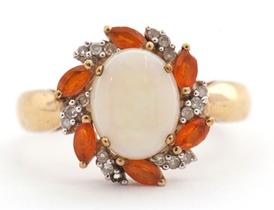 Lot 23 - A 9ct opal, fire opal and diamond ring, the...