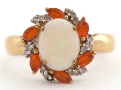Lot 23 - A 9ct opal, fire opal and diamond ring, the...