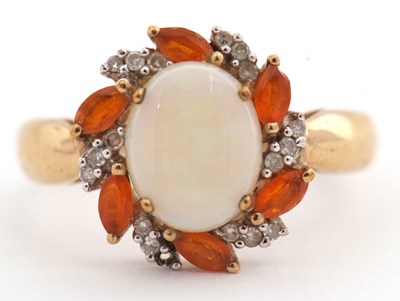 Lot 23 - A 9ct opal, fire opal and diamond ring, the...