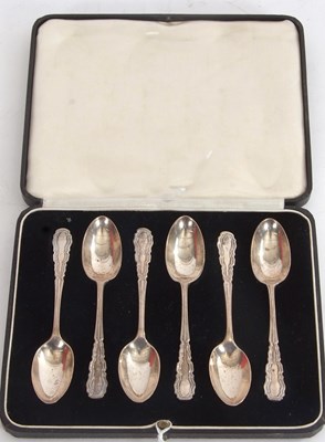 Lot 110 - A cased set of six George V silver teaspoons,...