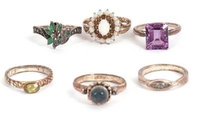 Lot 249 - Six silver and gemset rings: to include an...