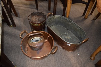Lot 625 - Mixed Lot: Two copper pans, a copper kettle...