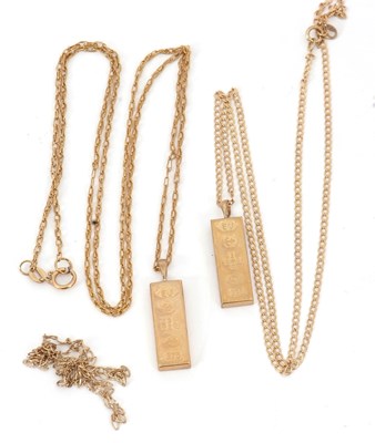 Lot 211 - Two 9ct ingot necklaces, both ingots...