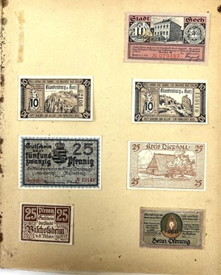 Lot 111 - Folder of German Bank Notes 1910/1920s and Pfennig Stamps