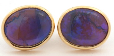 Lot 153 - A pair of 18ct black opal earrings, the oval...