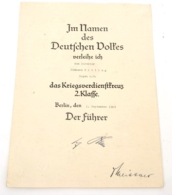 Lot 41 - WWII; German Merit Cross 2nd Class Award Document 1942