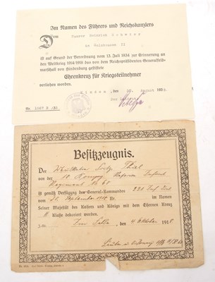 Lot 64 - WW1: German Award Document and Further Dated 1935