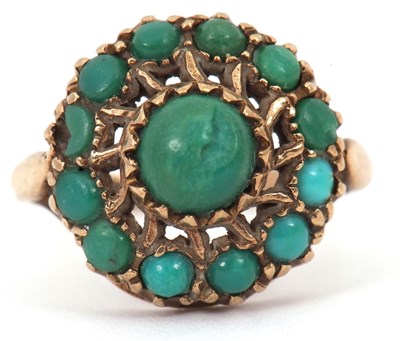 Lot 86 - A 9ct turquoise ring, the round cluster set...