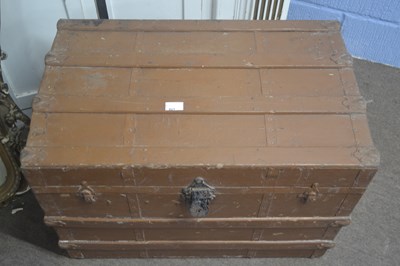 Lot 421 - A vintage wooden bound steamer trunk with iron...