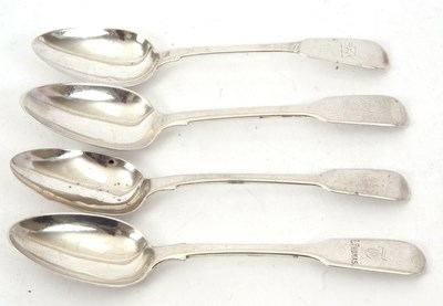 Lot 106 - A group of four fiddle pattern tablespoons,...
