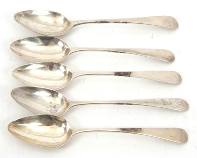 Lot 109 - Group of five Georgian silver dessert spoons,...