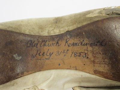 Lot 1 - A pair of mid 19th century silk shoes, c.1853,...