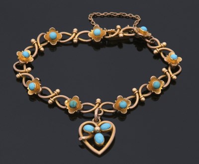 Lot 390 - A 9ct turquoise bracelet, the fancy link...