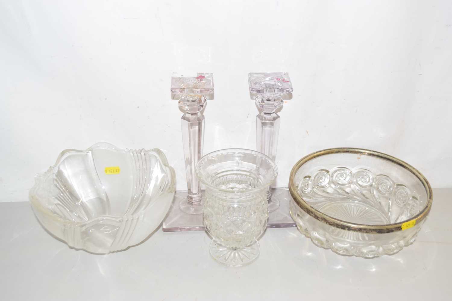 Lot 5 - A pair of glass candlesticks, two glass bowls...