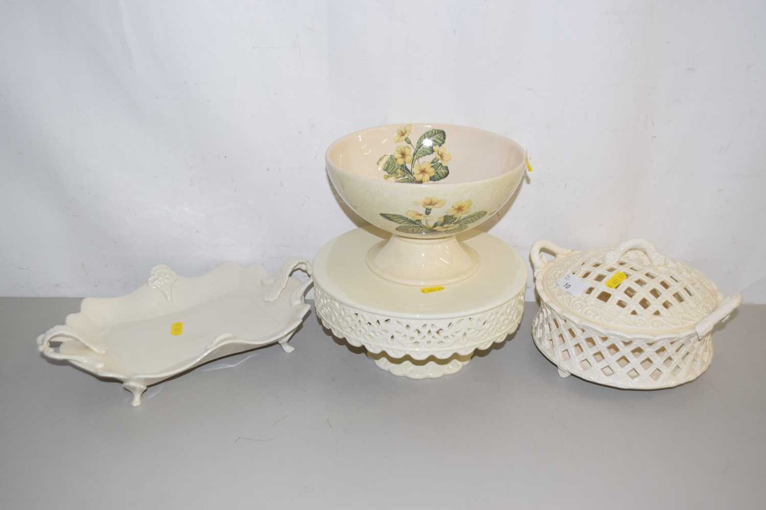 Lot 10 - A modern cream ware cake stand, a basket weave...