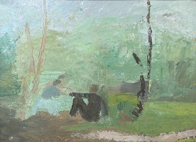 Lot 28a - Init VP, Oil on board, Figures by a River.