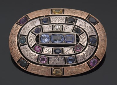Lot 425 - A multi-colour sapphire brooch, set with blue,...