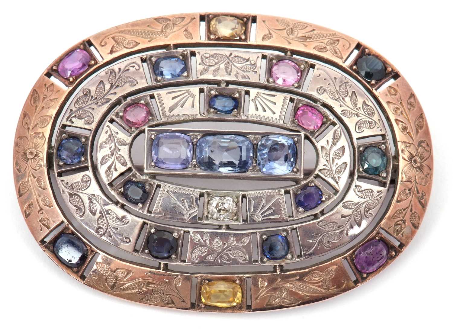 Lot 41 - A multi-colour sapphire brooch, set with blue,...
