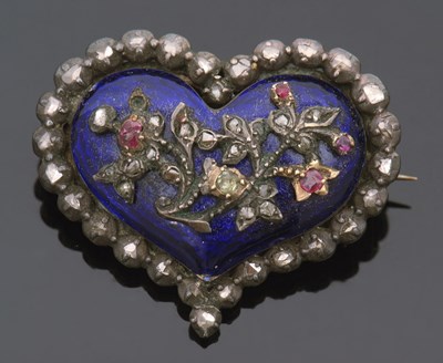 Lot 386 - A Georgian diamond and enamel heart brooch,...