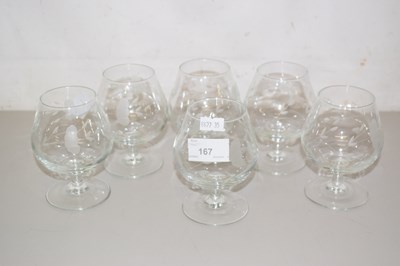 Lot 3 - Six Luminarc brandy glasses with etched floral...