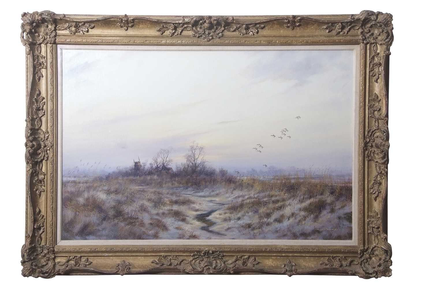 Lot 560 - Colin W.Burns (b.1944), Ducks alighting over a...