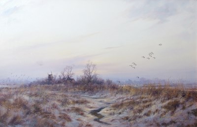 Lot 560 - Colin W.Burns (b.1944), Ducks alighting over a...