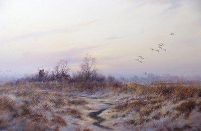 Lot 560 - Colin W.Burns (b.1944), Ducks alighting over a...