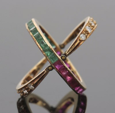 Lot 411 - An emerald, ruby and diamond ring, the...