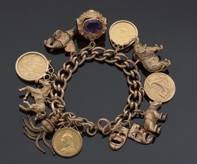 Lot 438 - A 9ct charm bracelet, the curblink bracelet...