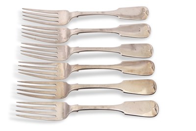 Lot 325 - A set of six Irish silver fiddle pattern table...