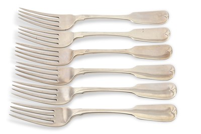 Lot 327 - A set of six Irish silver fiddle pattern table...