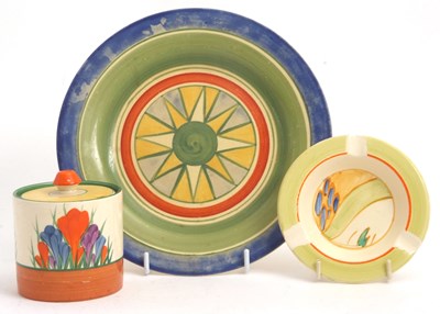 Lot 12 - A Clarice Cliff jam pot in the Crocus pattern...