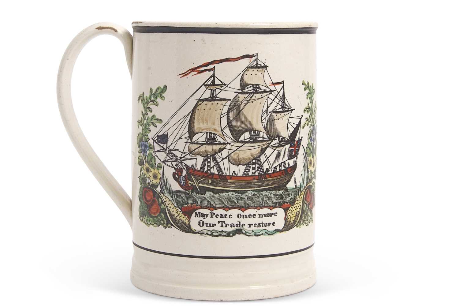 Lot 25 - A large cream ware tankard with a galleon and...