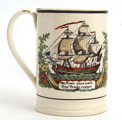 Lot 25 - A large cream ware tankard with a galleon and...