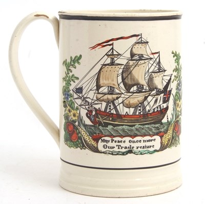 Lot 25 - A large cream ware tankard with a galleon and...