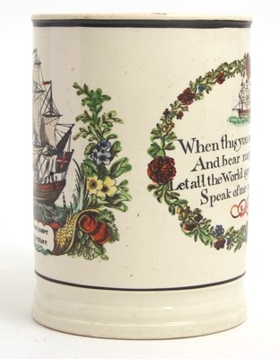 Lot 25 - A large cream ware tankard with a galleon and...