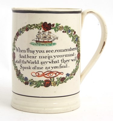 Lot 25 - A large cream ware tankard with a galleon and...