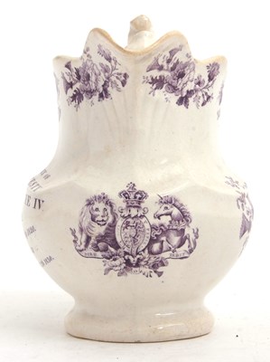 Lot 40 - A George IV commemorative jug with puce prints,...