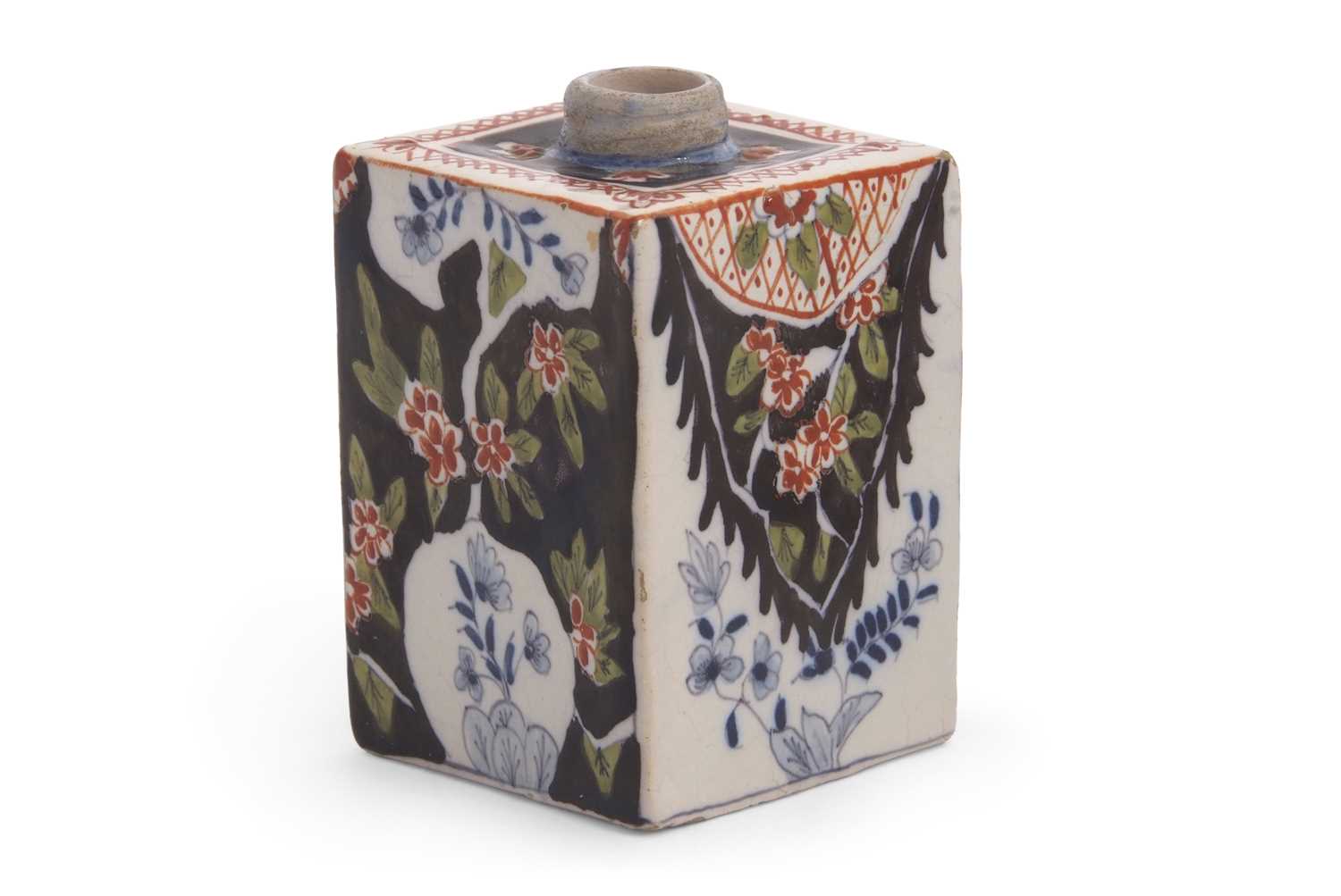 Lot 41 - A Dutch Delft tea caddy with polychrome design,...