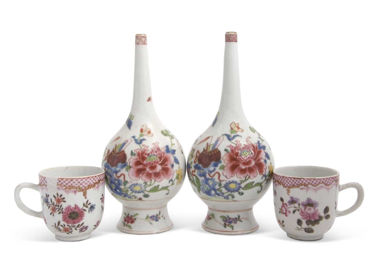 Lot 59 - A pair of bottle shaped vases with Famille...