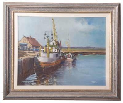 Lot 598 - Bryan Ryder ROI (1944-2025), Boats moored in a...