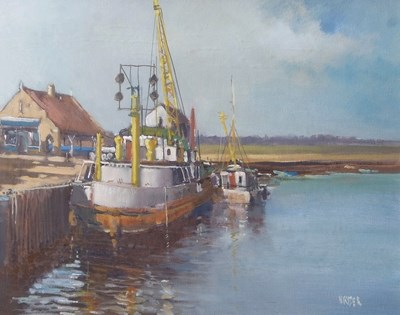 Lot 598 - Bryan Ryder ROI (1944-2025), Boats moored in a...